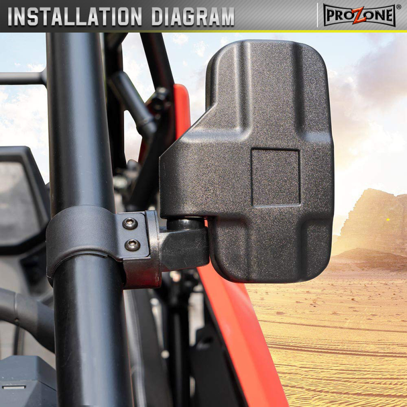 UTV/ATV šoninis veidrodis – kvadratinis stiklas, PMMA/ABS korpusas, modelis MIR_UTV_S-23800, vamzdinės apkabos tvirtinimas, bekelės naudojimui