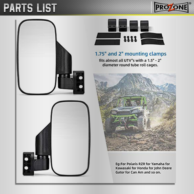 UTV/ATV šoninis veidrodis – kvadratinis stiklas, PMMA/ABS korpusas, modelis MIR_UTV_S-23800, vamzdinės apkabos tvirtinimas, bekelės naudojimui