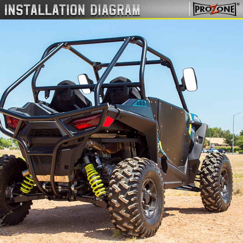 UTV/ATV šoninis veidrodis – kvadratinis stiklas, PMMA/ABS korpusas, modelis MIR_UTV_S-23800, vamzdinės apkabos tvirtinimas, bekelės naudojimui