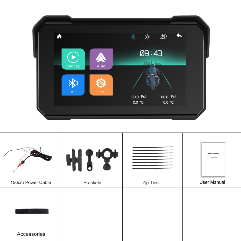 Motorkerékpár navigációs kijelző vezeték nélküli CarPlay/Android Auto – 12V, vízálló, modell A4058, univerzális motorkerékpárokhoz