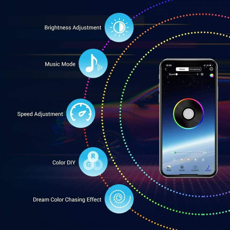 Symphony chassis light LED лента за автомобилен под – силиконова, APP контрол, музикален ритъм, 12V, 20W