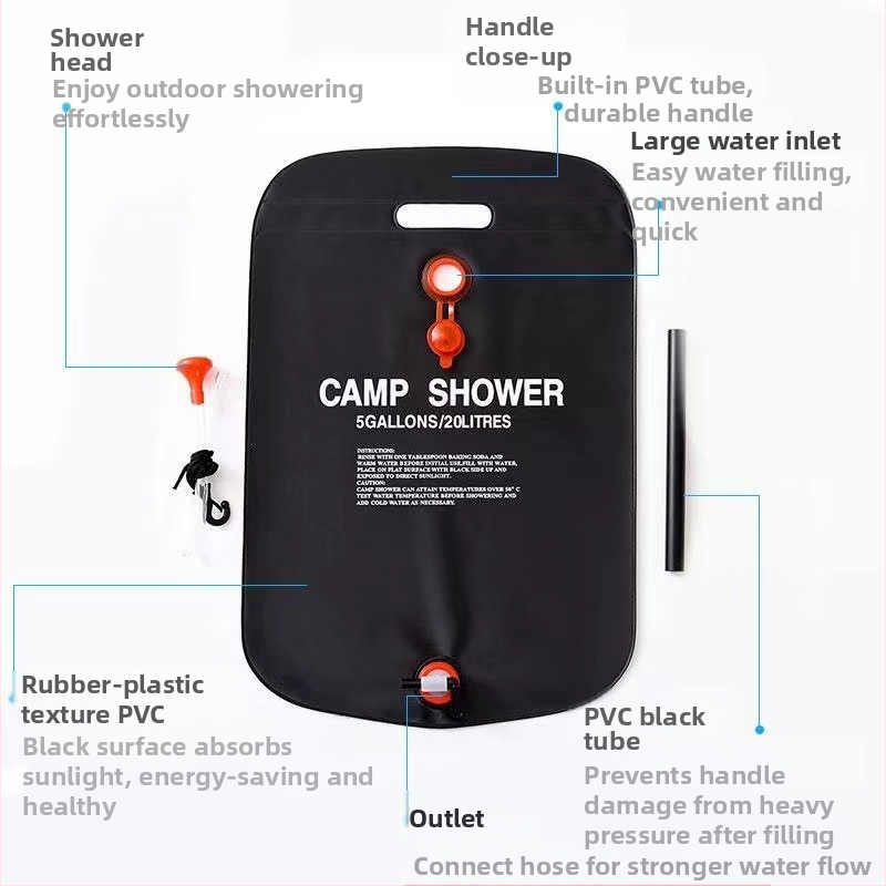 Външна сгъваема водна торба със слънчево нагряване, PVC, капацитет 20 л, преносим душ и водоснабдяване