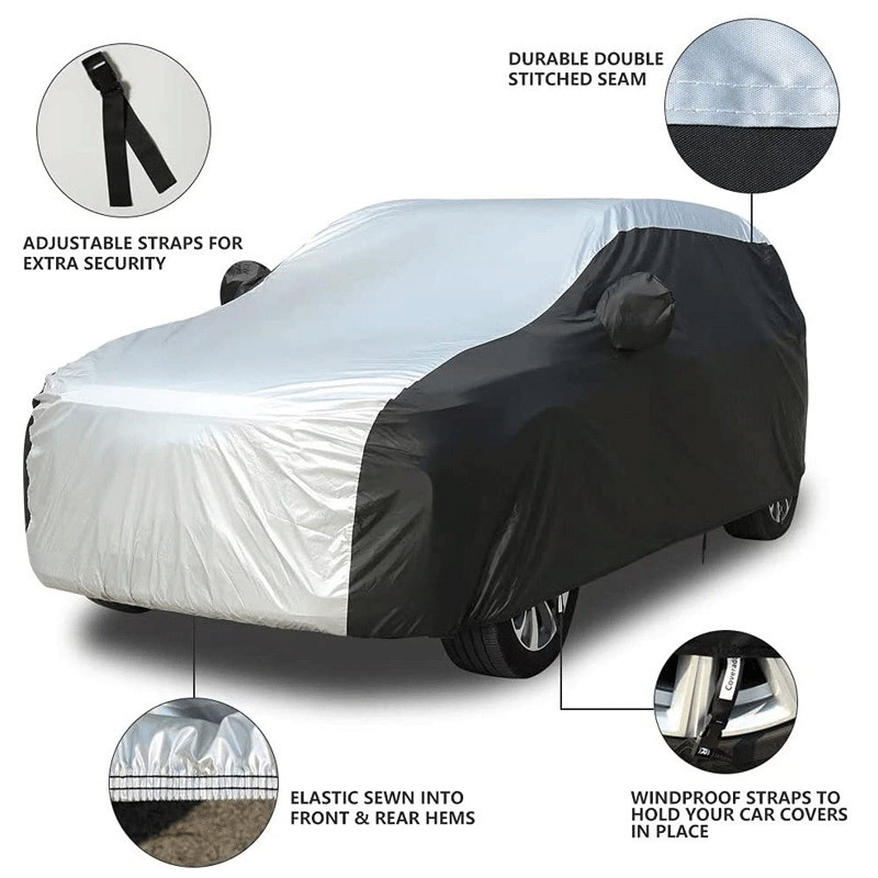 Automobilio gaubtas iš šilko‑polieasterio su atšvaitine juosta, atsparus vandeniui ir šilumos izoliacijai, pritaikomas sedanui, visureigiui, MPV ir hatchback