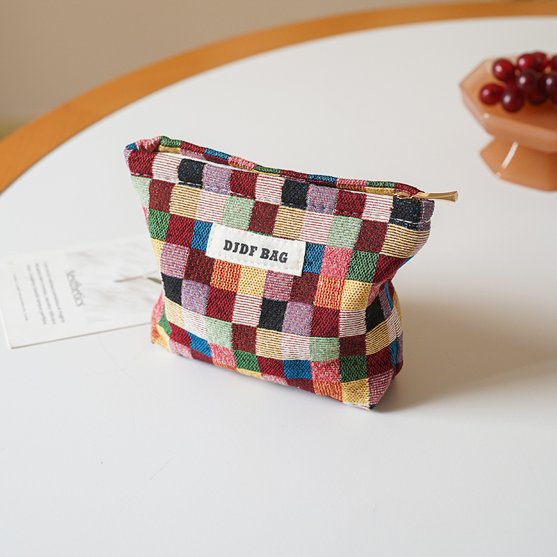 Vászon sminktáska kockás mintával, kézitáska-stílus, légáteresztő és antibakteriális, poliészter bélés, nőknek