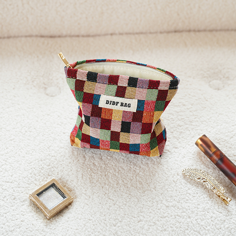 Vászon sminktáska kockás mintával, kézitáska-stílus, légáteresztő és antibakteriális, poliészter bélés, nőknek