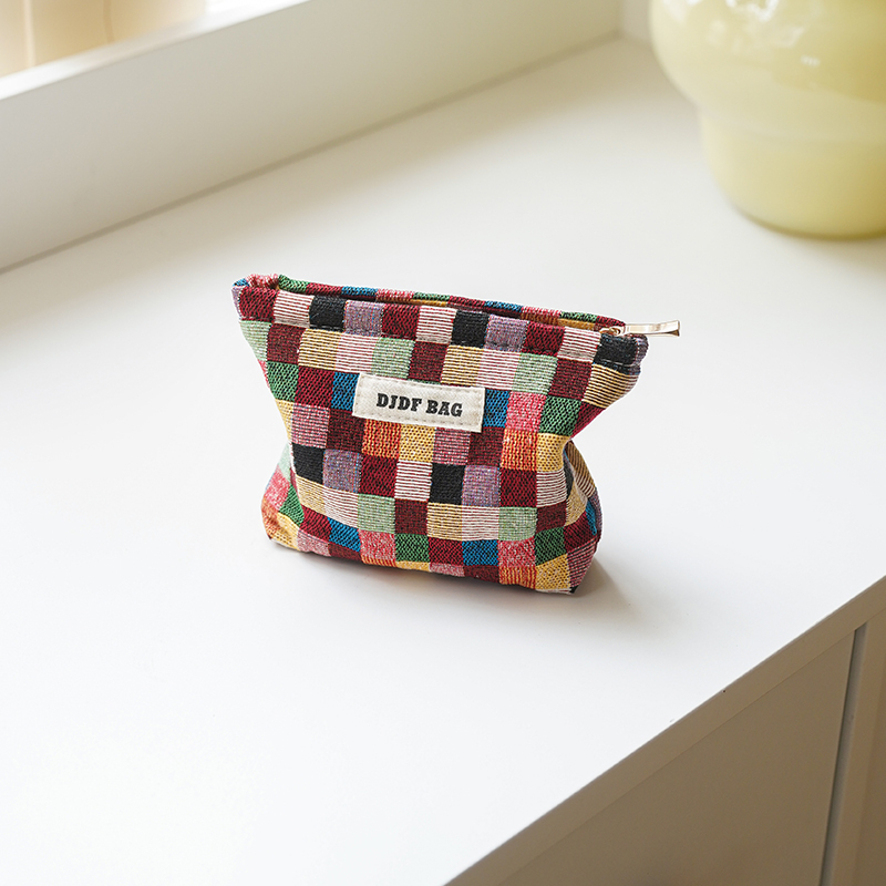 Vászon sminktáska kockás mintával, kézitáska-stílus, légáteresztő és antibakteriális, poliészter bélés, nőknek