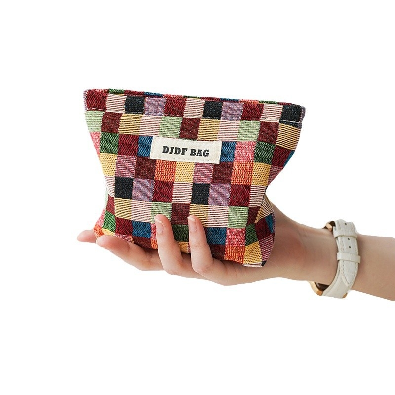 Vászon sminktáska kockás mintával, kézitáska-stílus, légáteresztő és antibakteriális, poliészter bélés, nőknek