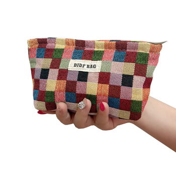 Γυναικεία τσάντα καλλυντικών με μεγάλο χώρο, καρό σχέδιο, βαμβακερό υλικό, επένδυση από καμβά, αναπνέουσα και επεκτειόμενη, οργανωτής ταξιδιού