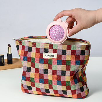 Γυναικεία τσάντα καλλυντικών με μεγάλο χώρο, καρό σχέδιο, βαμβακερό υλικό, επένδυση από καμβά, αναπνέουσα και επεκτειόμενη, οργανωτής ταξιδιού