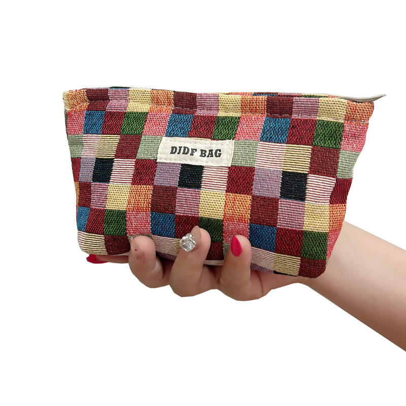 Nagy kapacitású női sminktáska kockás mintával, pamut anyag, bélés vászon, légáteresztő és bővíthető utazási szervező