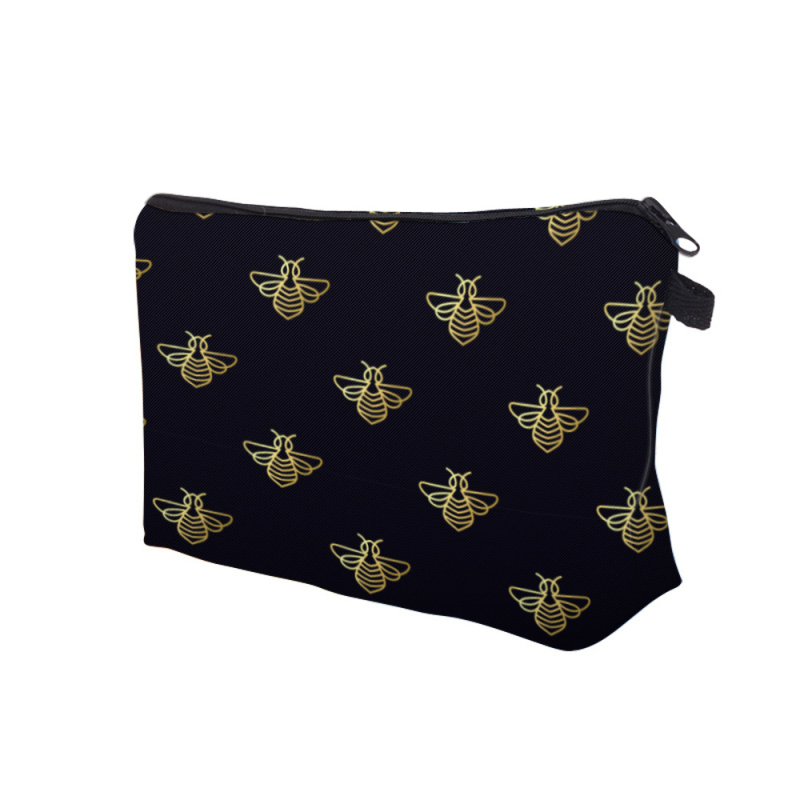 Чанта за грим с принт на пчела, форма възглавничка, полиестер, цип, капацитет под 20 л