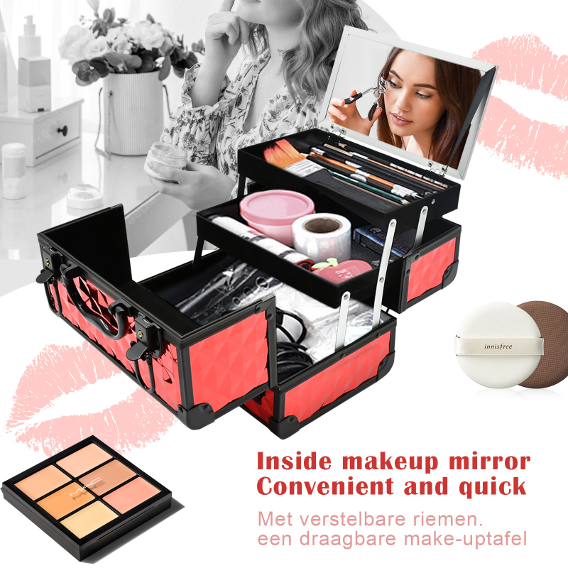 Κουτί καλλυντικών από κράμα αλουμινίου με κλειδαριά, γεωμετρικό μοτίβο, αδιάβροχο, εξαιρετικά ελαφρύ και επεκτάσιμο