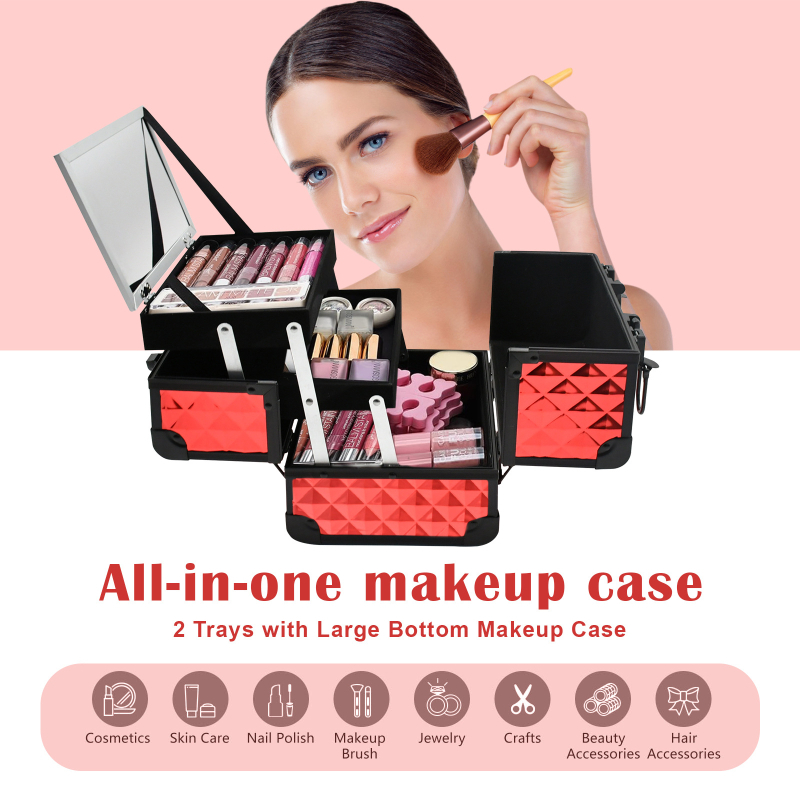 Κουτί καλλυντικών από κράμα αλουμινίου με κλειδαριά, γεωμετρικό μοτίβο, αδιάβροχο, εξαιρετικά ελαφρύ και επεκτάσιμο