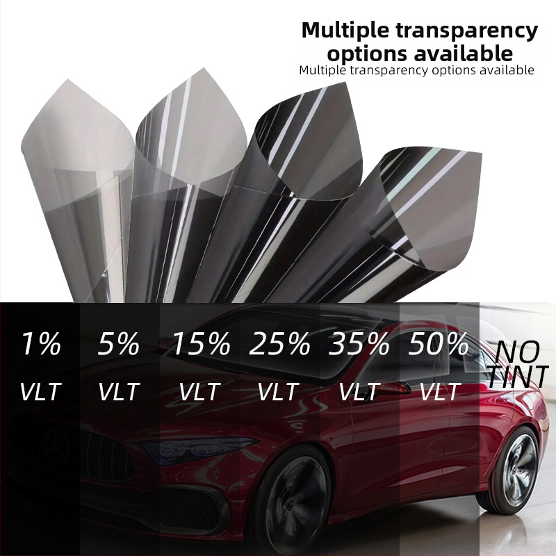 Automašīnas logu folija | PVC materiāls | Slāņa biezums 1 mil | Gaismas caurlaidība līdz 70% | Siltuma izolācija 60–80% | UV aizsardzība 99%