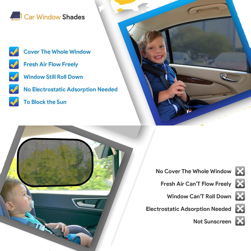 Automobilio lango skydelis iš kvėpuojančios tinklinės medžiagos – elastinis šono lango uždangalas, snap-in montavimas, universali suderinamumas, logotipo spausdinimas įmanomas