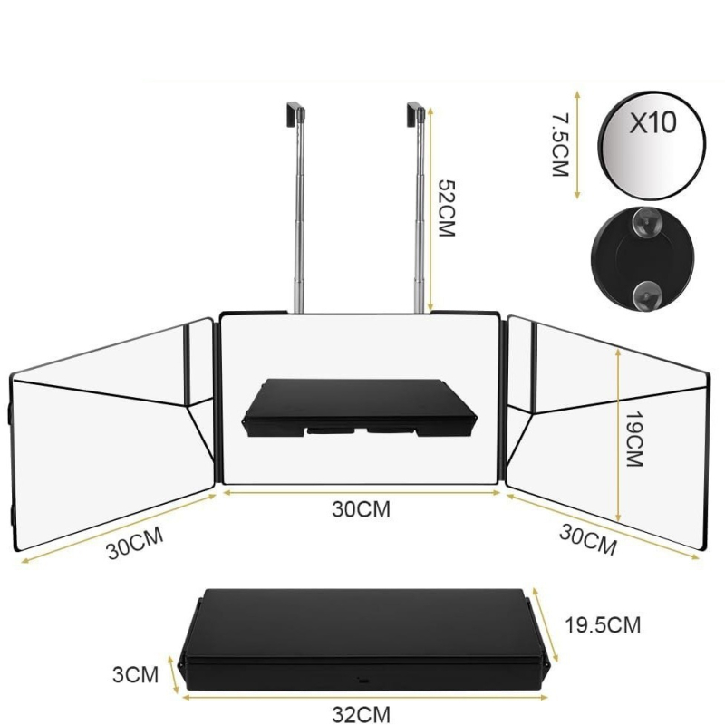 Τριπλής όψης αναδιπλούμενο καθρέφτης μακιγιάζ με LED φωτισμό, φορητό κρεμαστό για μπάνιο, ABS πλαίσιο