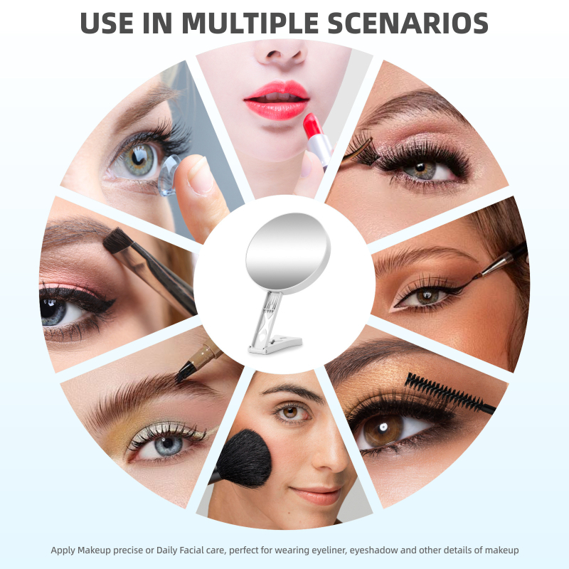 Kézben tartható, kétoldalas sminktükör, 10x/20x/30x/40x nagyítás, hajtogatható