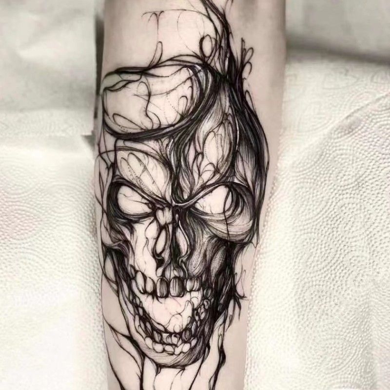 Stickere de tatuaj pentru antebraț: craniu cu floare – semi-permanent, fără reflexie, lavabile, unisex