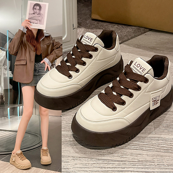 Γυναικεία παπούτσια με φουσκωτή σόλα — PU επάνω μέρος, δερμάτινο καπάκι δαχτύλων, σόλα από καουτσούκ, χαμηλός αστράγαλος, κορδόνια, άνοιξη 2025