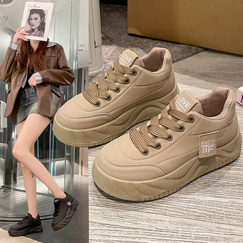 Γυναικεία παπούτσια με φουσκωτή σόλα — PU επάνω μέρος, δερμάτινο καπάκι δαχτύλων, σόλα από καουτσούκ, χαμηλός αστράγαλος, κορδόνια, άνοιξη 2025