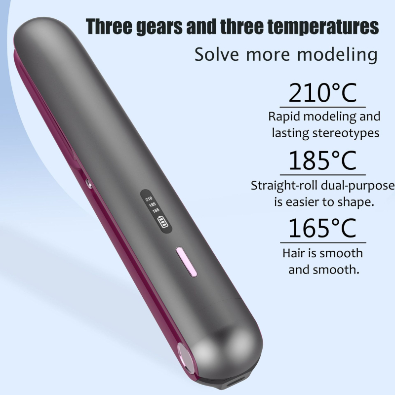 Mini bezvadu matu taisnotājs ar turmalīna keramikas plāksnēm, plākšu diametrs 16–20 mm, bezvadu barošana ar litija bateriju, 10 temperatūras līmenī, piemērots gariem matiem