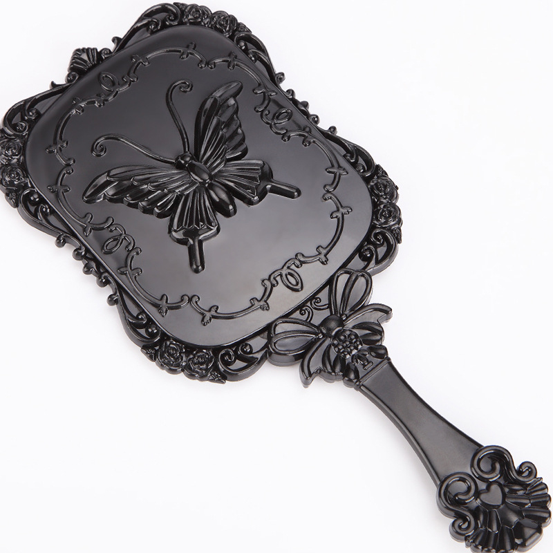 Sminktükör pillangó mintás vintage dizájnnal, európai stílusú négyzet alakú, háromdimenziós relief, rövid nyél, Brand Flattering