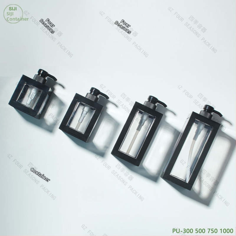 PET бутилка за шампоан, квадратна форма, помпена глава, инжекционно формована, ситопечат.