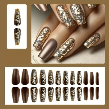 Σετ τεχνητών νυχιών, 24 τεμάχια αποσπώμενα, 3D ανάγλυφο σχέδιο με λουλούδια, στυλ μπαλέτο