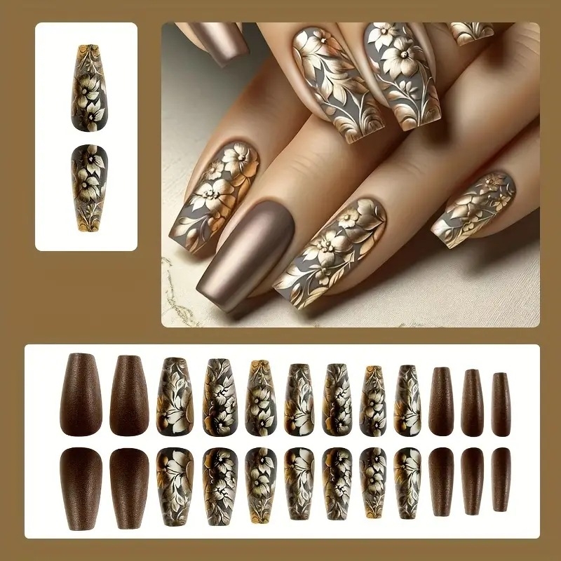 Сваляеми носими нокти - комплект 24 бр., 3D флорално релефно оформление, балетен дизайн