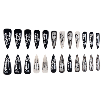 Νύχια ψεύτικα για γυναίκες, σκούρο πανκ στυλ, σχέδιο αγάπη πεταλούδα, μακριά μυτερά νύχια