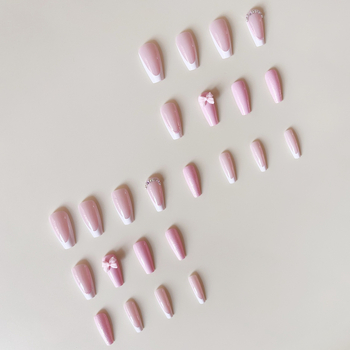 Σετ άκρων νυχιών, μοτίβο φιόγκο, γυαλιστερό γαλλικό μανικιούρ, 24 τεμάχια