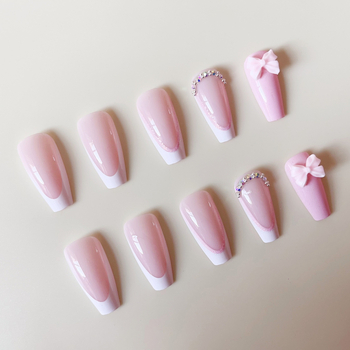 Σετ άκρων νυχιών, μοτίβο φιόγκο, γυαλιστερό γαλλικό μανικιούρ, 24 τεμάχια