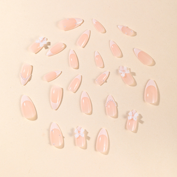 Αμυγδαλόσχημα αυτοκόλλητα νυχιών, γαλλικό στυλ με μαργαριτάρι και φιόγκο, για γυναίκες
