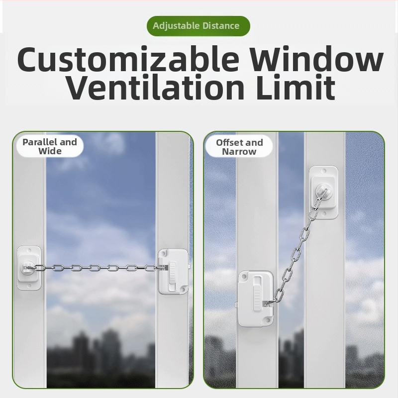 Многофункционален защитен заключващ механизъм за прозорци и врати с веригово заключване, стопер за плъзгащи се врати, монтаж без пробиване, детска безопасност
