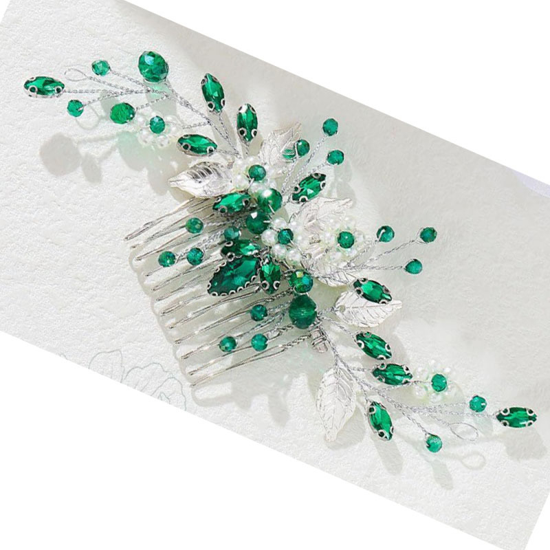 Rankų darbo plaukų šukė iš lydinio su lapų motyvu ir perlais, vestuvėms