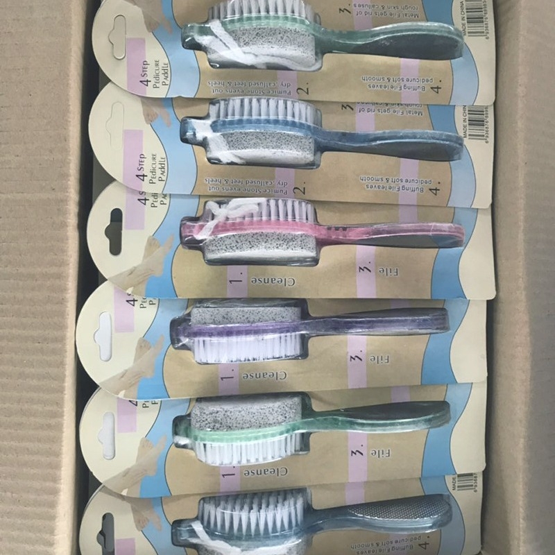 Négy az egyben lábápoló reszelő kefével – PS alap, vízben oldott homok, pumice és rozsdamentes acél reszelő