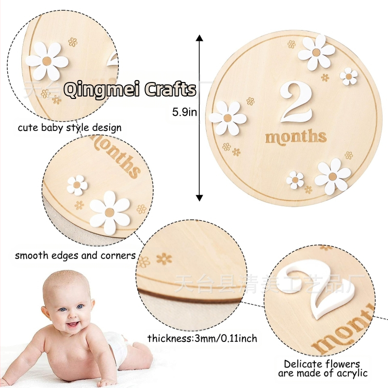 Drevený detský míľnik – kruhový Boxwood znak narodenia s jednostranou kvetinovou výzdobou