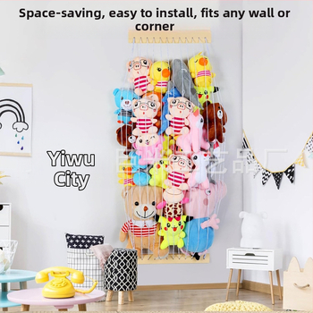 Ξύλινο ράφι αποθήκευσης λούτρινων παιχνιδιών με ελαστικό σχοινί — κρεμαστό στον τοίχο, μονόστρωτο, για παιδικό δωμάτιο