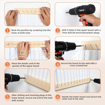 Ξύλινο ράφι αποθήκευσης λούτρινων παιχνιδιών με ελαστικό σχοινί — κρεμαστό στον τοίχο, μονόστρωτο, για παιδικό δωμάτιο