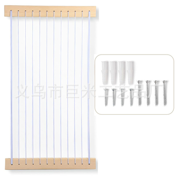 Ξύλινο ράφι αποθήκευσης λούτρινων παιχνιδιών με ελαστικό σχοινί — κρεμαστό στον τοίχο, μονόστρωτο, για παιδικό δωμάτιο