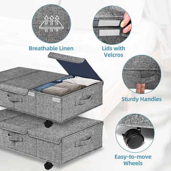 Κουτί αποθήκευσης κάτω από το κρεβάτι με ρόδες, αναδιπλούμενο, 48L, ύφασμα (βαμβάκι-λινό), ανθεκτικό στην υγρασία και τη σκόνη, για ρούχα και κουβέρτες