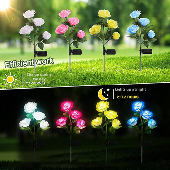 Ηλιακά LED φωτιστικά κήπου σε σχήμα ρόδου με 4 κεφαλές, εξωτερικά αδιάβροχα IP65, φωτισμός τοπίου, 6–12 ώρες λειτουργίας, 1.2V, διάρκεια ζωής 15.000.000 ωρών