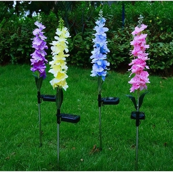 Saulės kraštovaizdžio šviestuvai su LED lempute, plastiko ir nerūdijančio plieno korpusas, hyacinto žiedo formos dizainas, modelis 32432423, skirtas vilai, kiemams, sodams ir parkams.