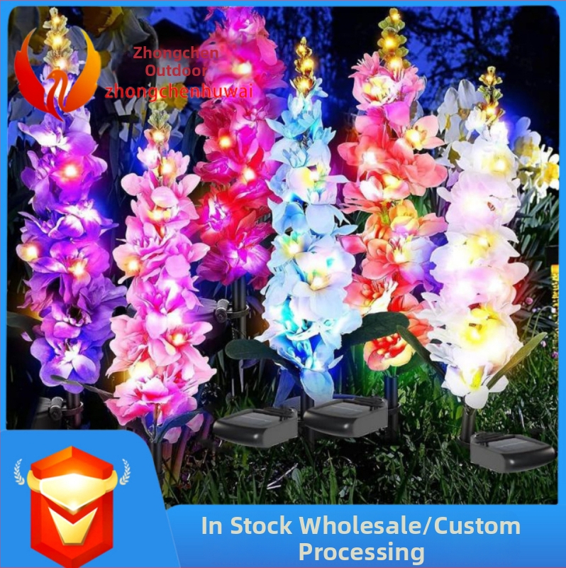 Saulės kraštovaizdžio šviestuvai su LED lempute, plastiko ir nerūdijančio plieno korpusas, hyacinto žiedo formos dizainas, modelis 32432423, skirtas vilai, kiemams, sodams ir parkams.