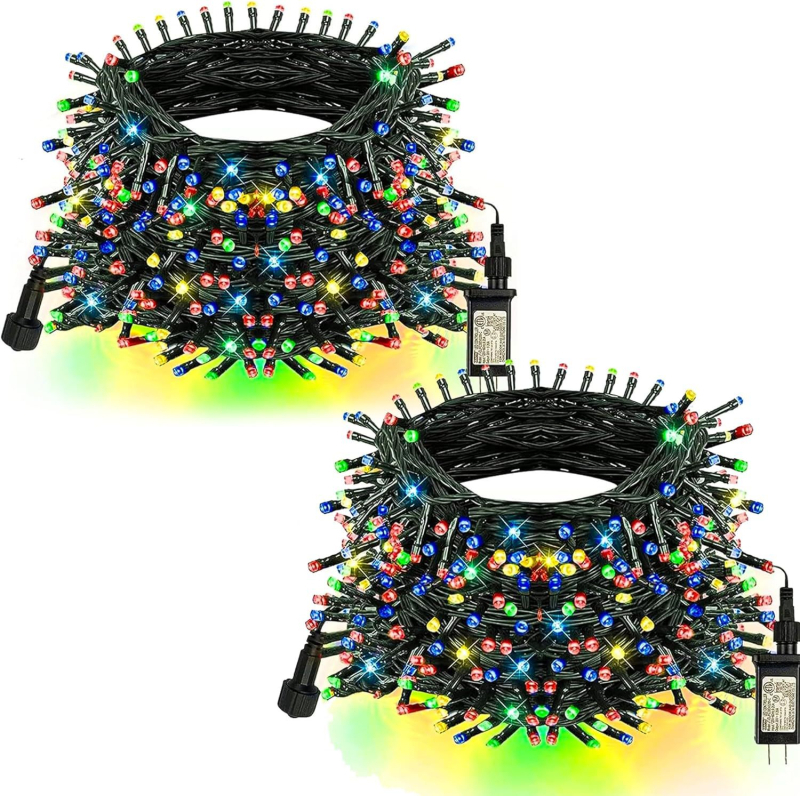 LED kültéri karácsonyi fényfüzér, IP44 vízálló, 110–240V bemenet, egyenes vonalú elrendezés, 8 funkció, dugós transzformátor és távirányító