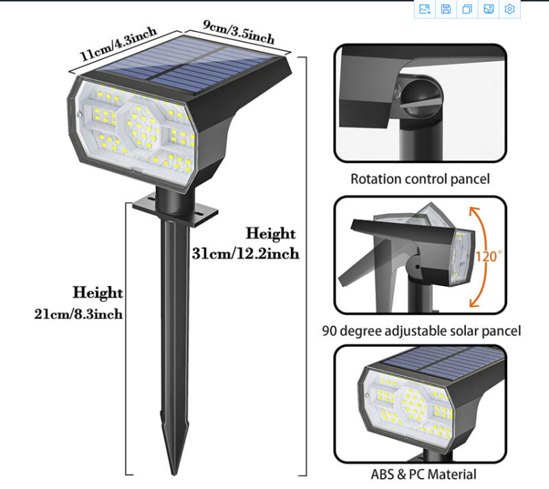 Ηλιακός προβολέας κήπου για γκαζόν με 56 LED, IP66, CE πιστοποίηση, διάρκεια φωτισμού 6–12 ωρών