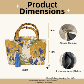 Чанта Tote от платно, литературен китайски стил, хоризонтална квадратна форма, цип за отваряне, вътрешен джоб с цип