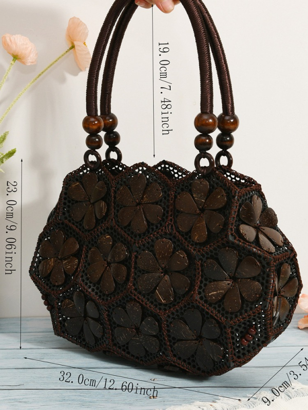 Ръчно изработена чанта от кокосова черупка — бохемски стил, плетена и хоризонтално квадратна форма; Материал: натурална кокосова черупка; Подплата: полиестер; Затваряне: цип; Вътрешен джоб за телефон; Две дръжки; Марка: Junya jewelry