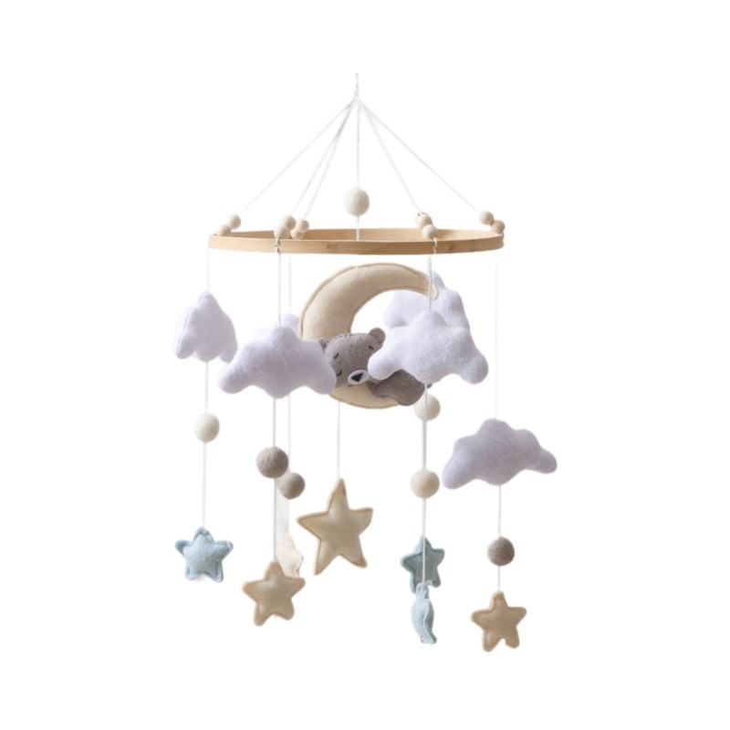 Звънче за креватче от дърво и филц — ръчно изработено, без монтаж, успокояващ за сън за деца 0–3 години