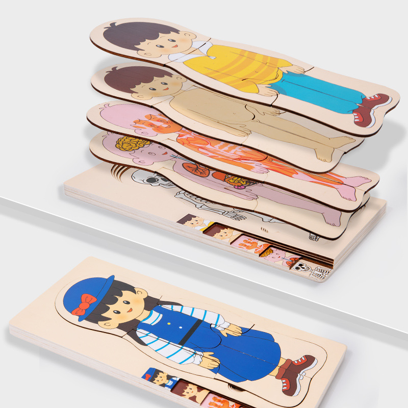 Medinė plokščia dėlionė žmogaus kūno struktūrai su sluoksniuojamais organais ir kaulais; medžiaga: mediena; kategorija: plokščias dėlionė; tinkama vaikams 4–6 metų; DIY galimybė; pritaikymas pagal brėžinį